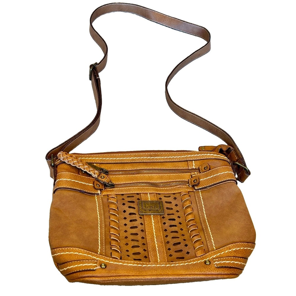 b.o.c. Born Concepts Brown Crossbody Bag Whipstitch Multi Zip Vinyl Purse